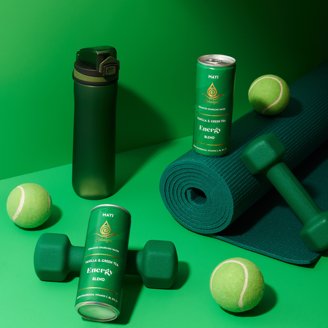 Mayi energy drink with yoga and gym kit, natural functional sparkling energy drink
