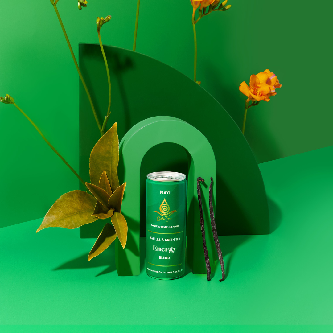 Mayi energy blend with green tea leaves and honey, clean natural energy drink. Natural Energy sparkling water