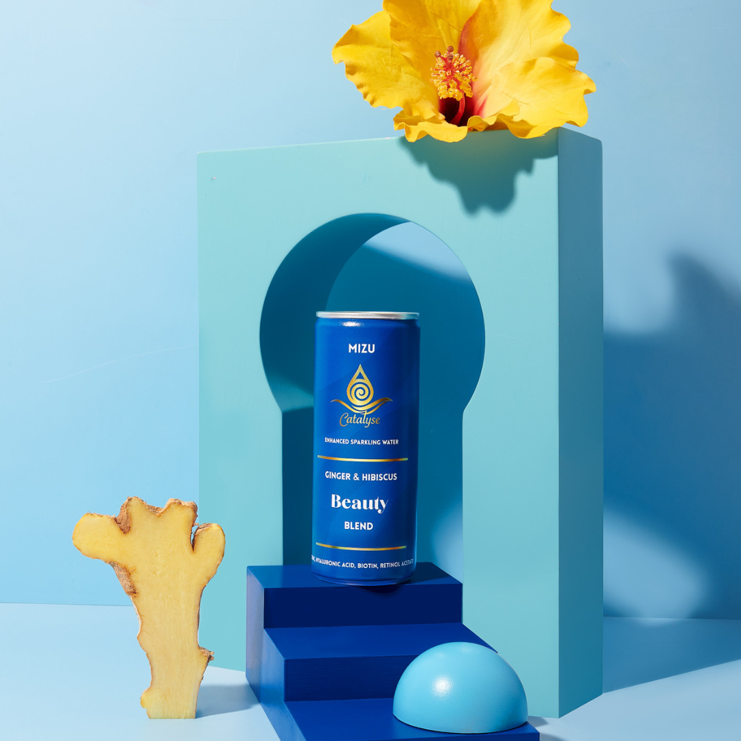 Mizu beauty blend with hibiscus flowers and ginger root, inner beauty wellness drink.