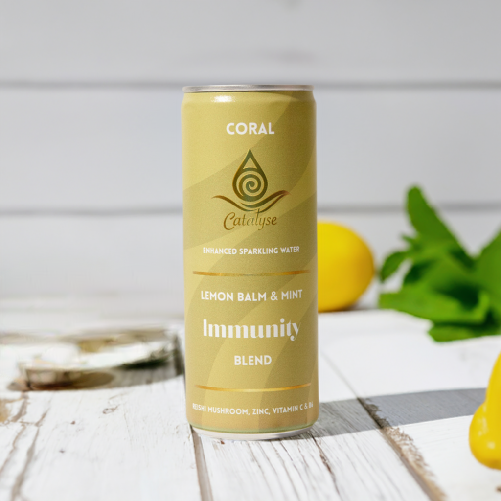 Coral natural immunity drink can — lemon balm, mint, and lime with reishi mushroom and vitamin C