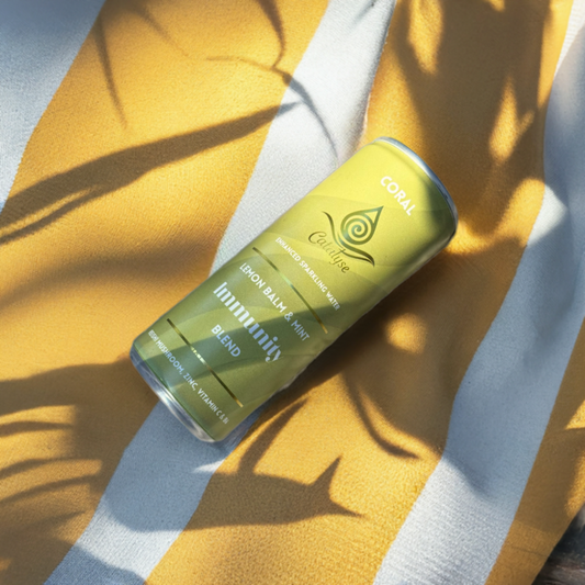 Coral immunity drink enjoyed on-the-go, sparkling wellness drink for immune support. Gut health