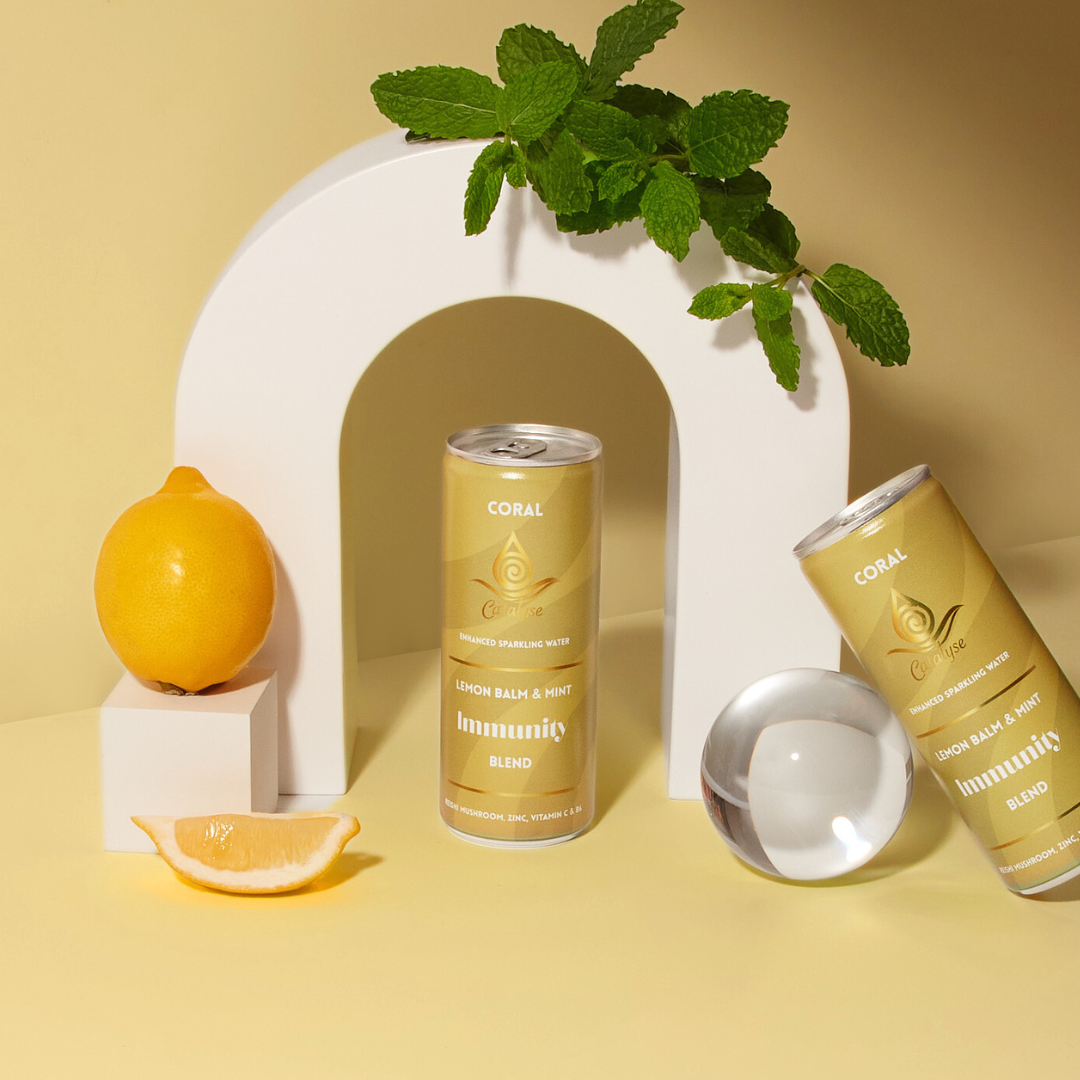 Coral immunity blend with fresh mint and lime, natural sparkling botanical wellness drink