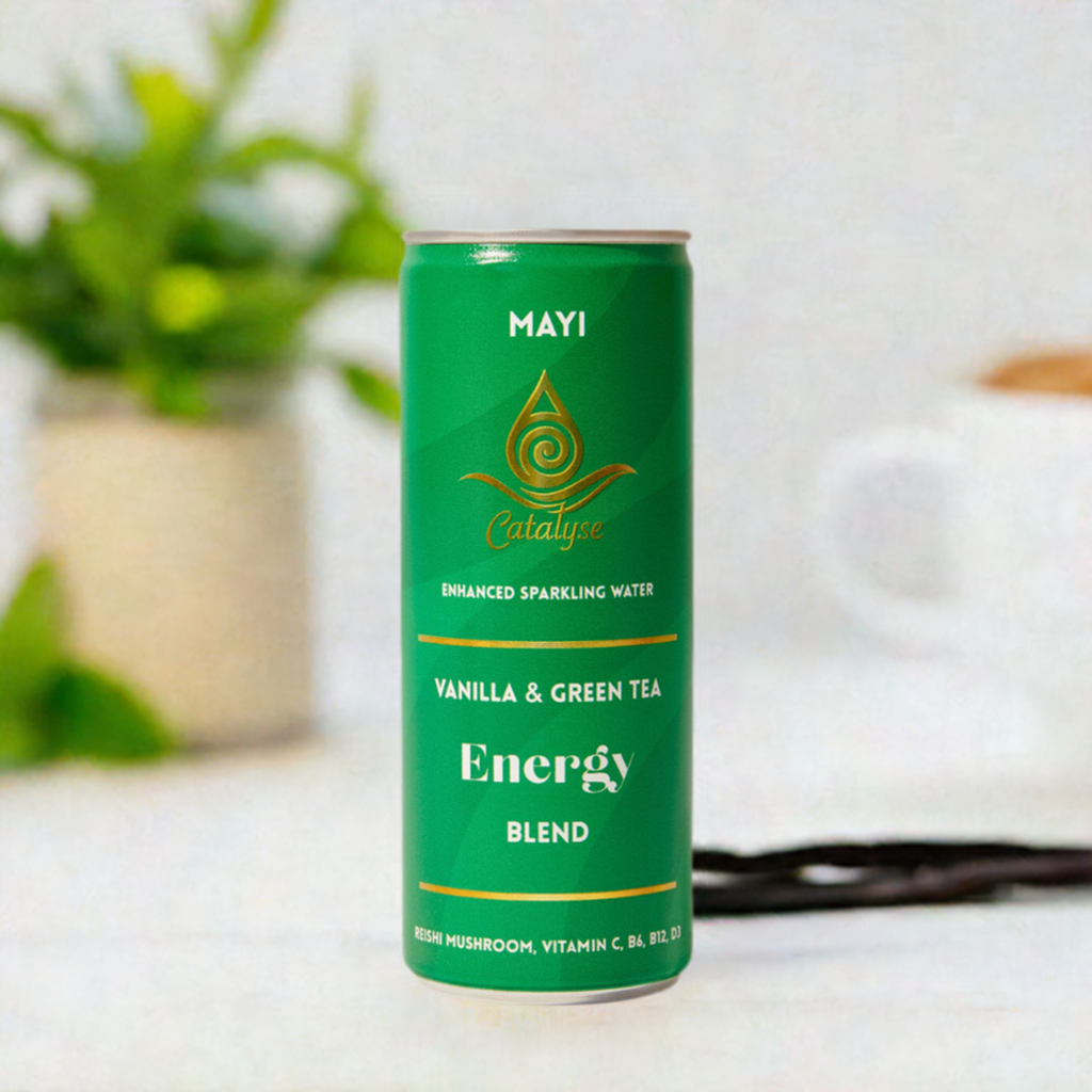 Mayi functional energy drink can — vanilla, green tea, and honey with adaptogens and vitamins