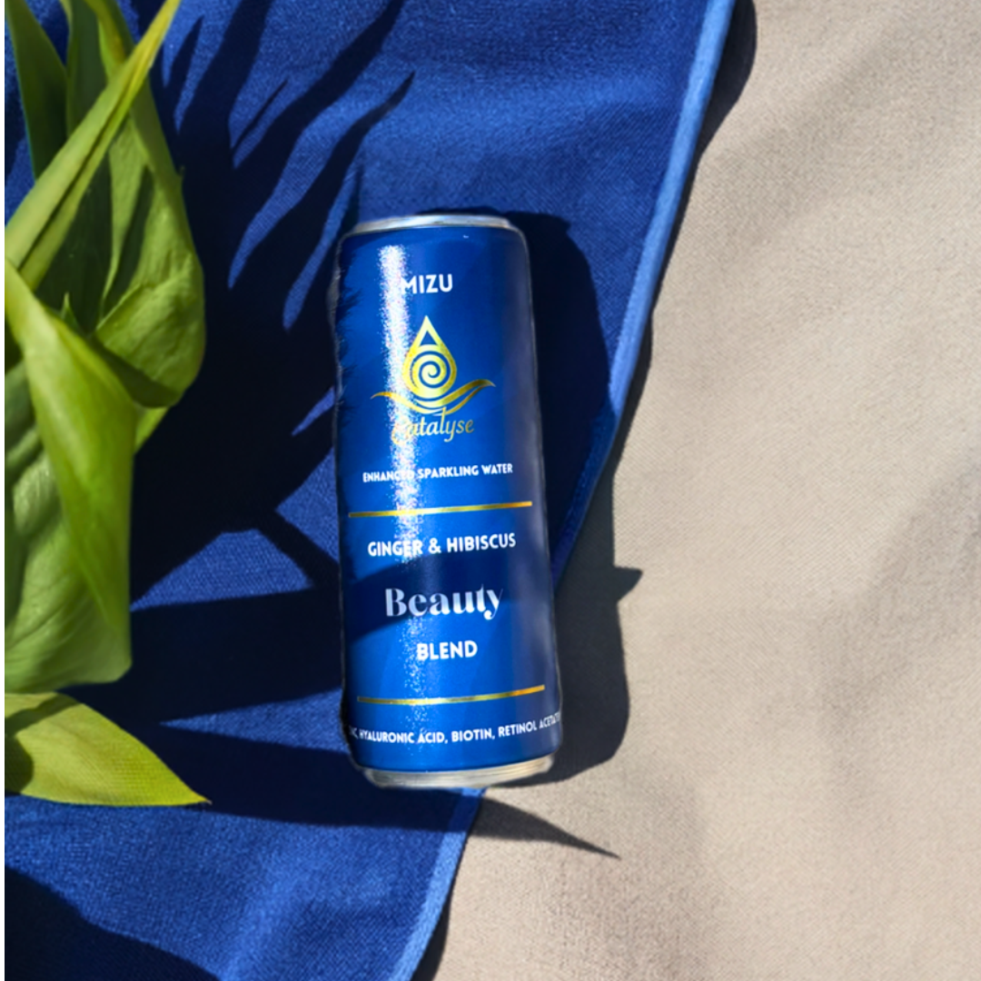 Mizu beauty wellness drink can — ginger and hibiscus with biotin, zinc, and hyaluronic acid. Sparkling, Refreshing Water