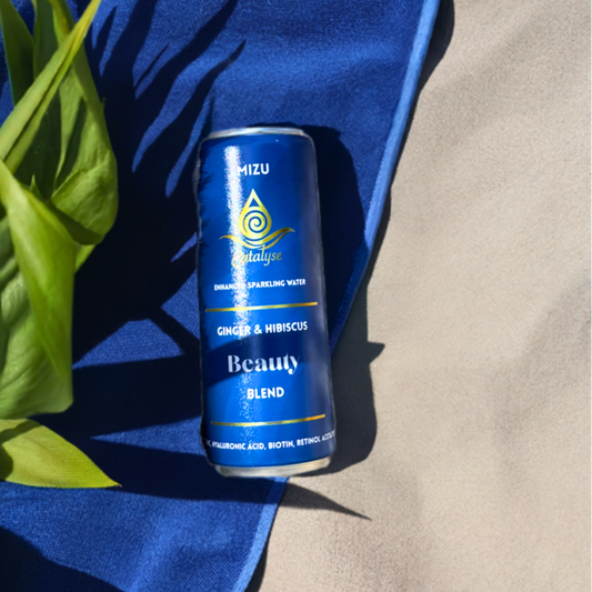 Mizu beauty wellness drink can — ginger and hibiscus with biotin, zinc, and hyaluronic acid. Sparkling, Refreshing Water