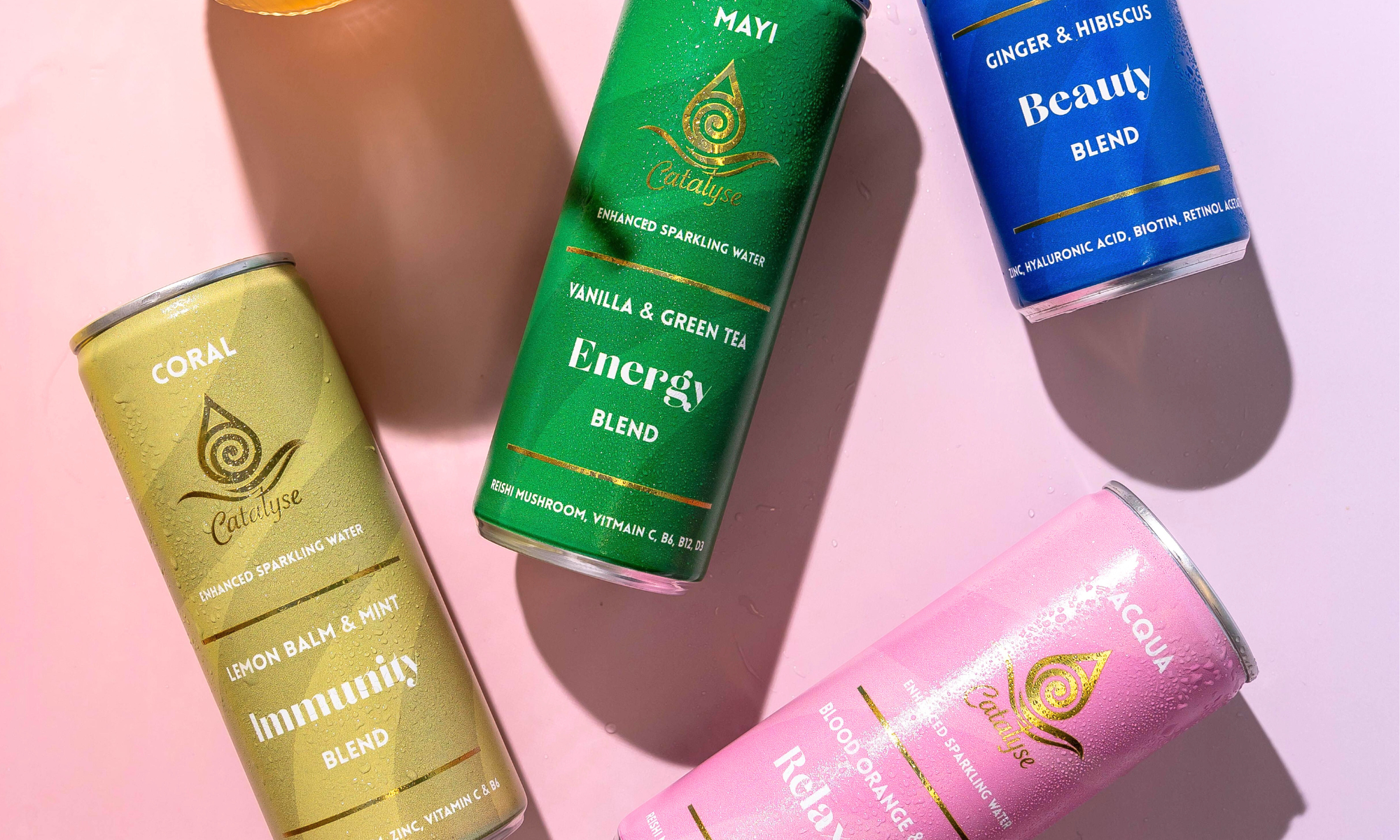 Catalyse Life Drinks enhanced sparkling water in Coral, Acqua, Mayi and Mizu blends — functional health drinks for beauty, relaxation, immunity and energy