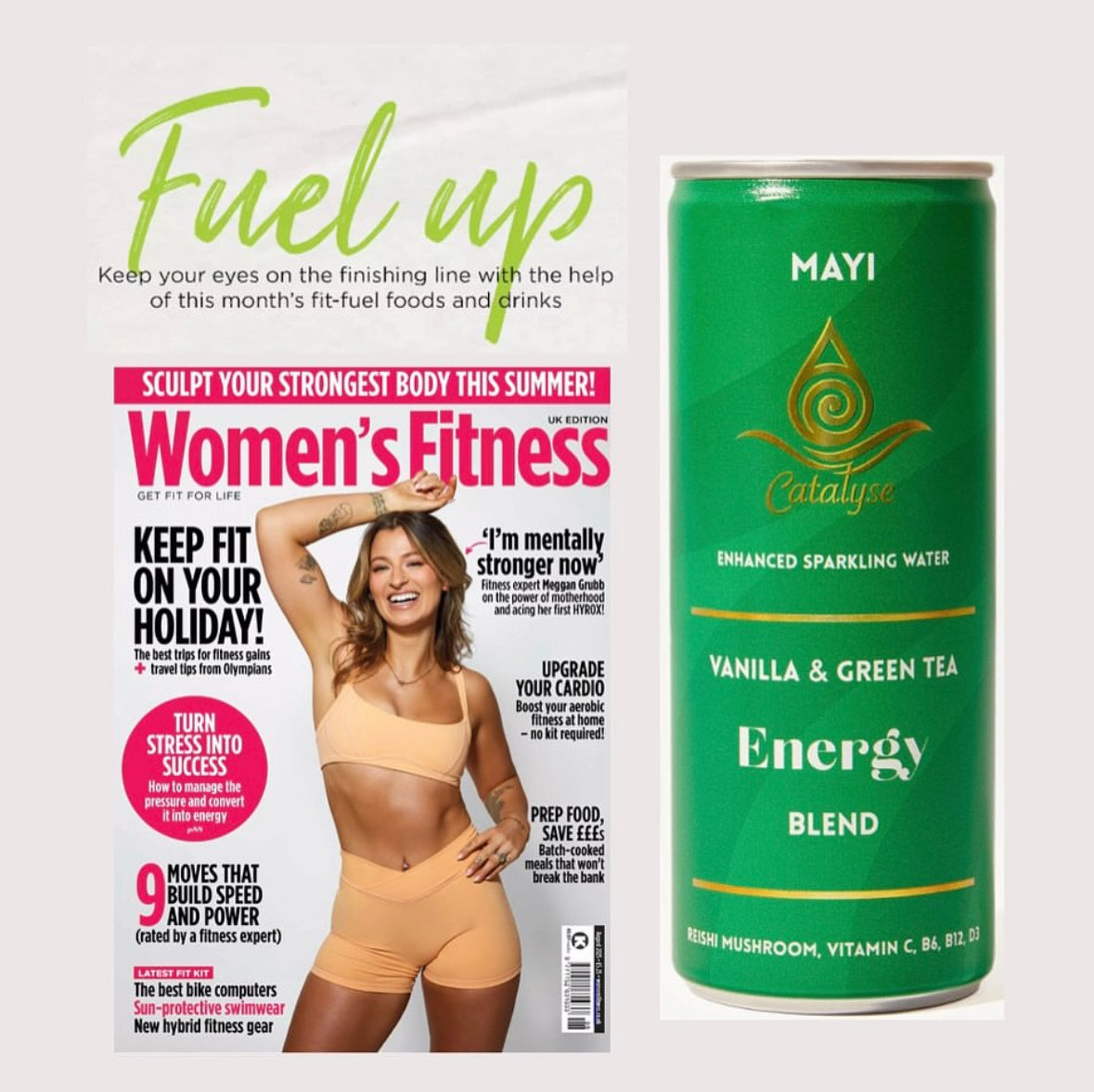 Mayi Catalyse - energy blend can next to Women's Fitness magazine cover